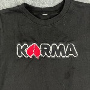 Karma T-Shirt Mens XS Black Graphic Streetwear Tee Red Leaf Drip Logo Casual